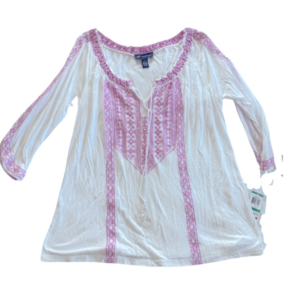 NWT INC Ladies White Tunic with Pink Embroidery, Cold Shoulder, Size L